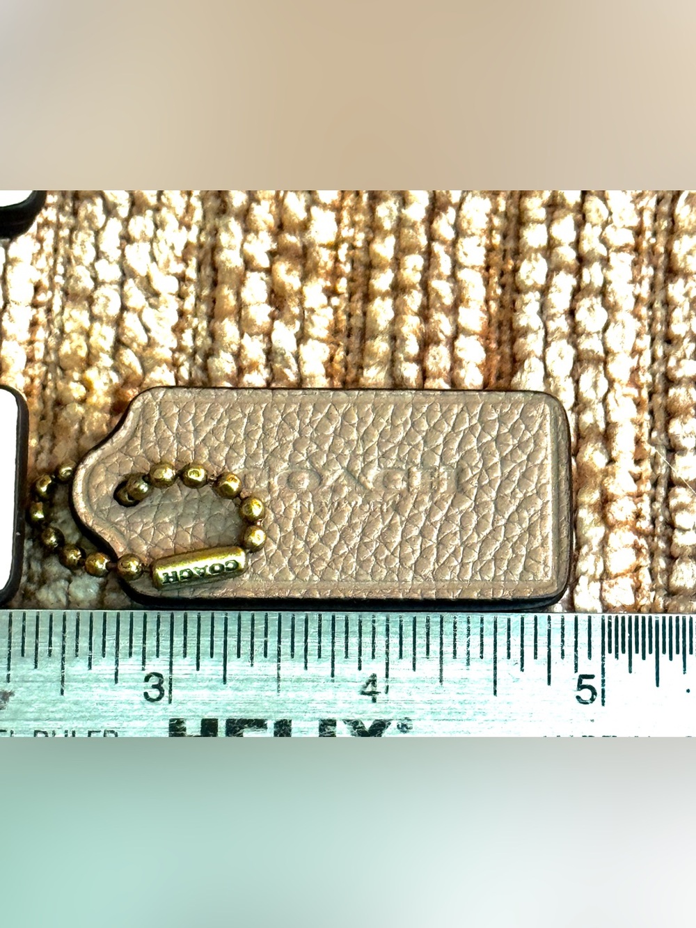 Coach Pebble Leather Tan Hang Tag w/ a Coach Gold Chain